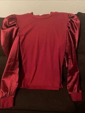 Women's Burgundy Puff-Sleeve Satin Mix Top